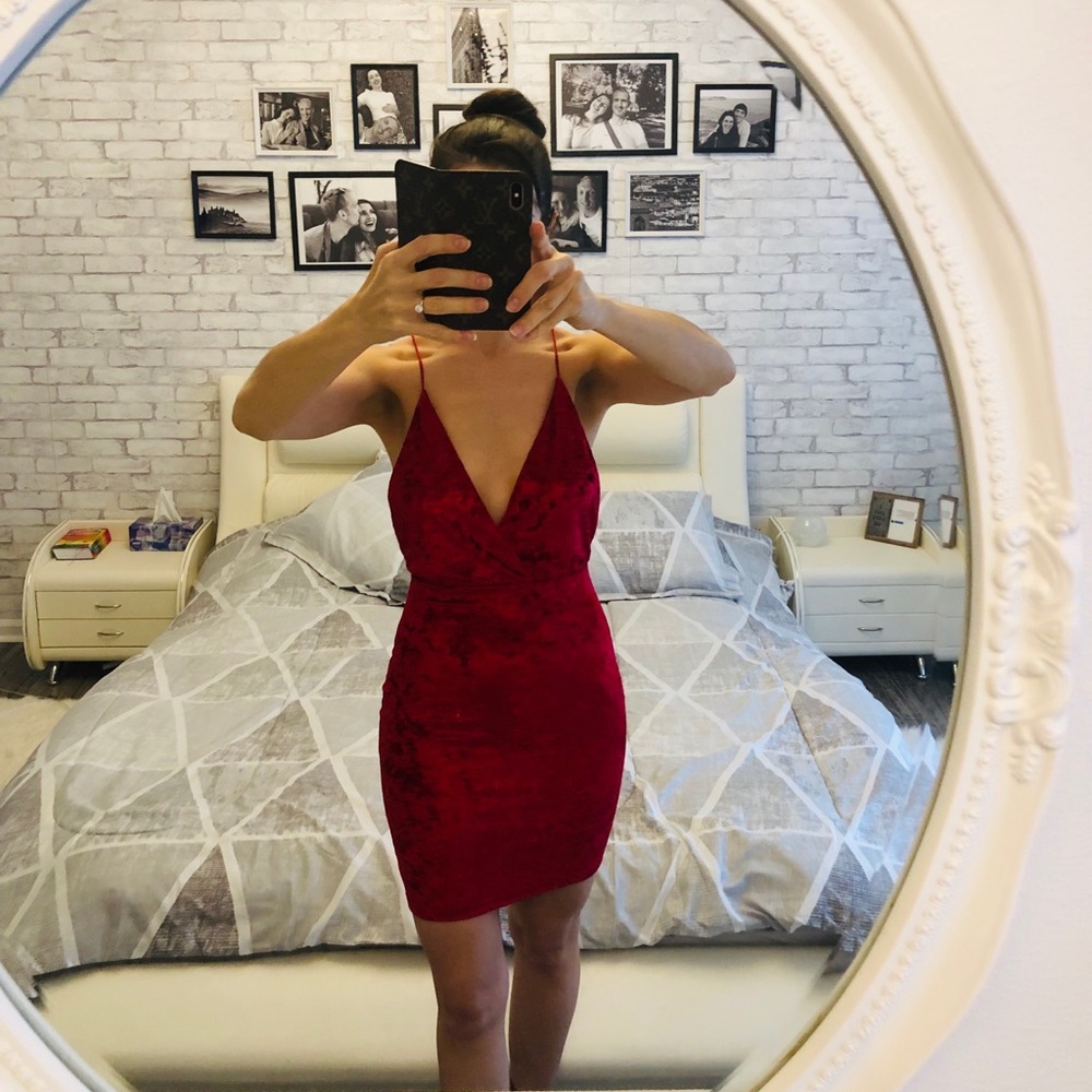 Red Velvet Plunging V-Neck Short Cami Dress - Picture 6 of 6